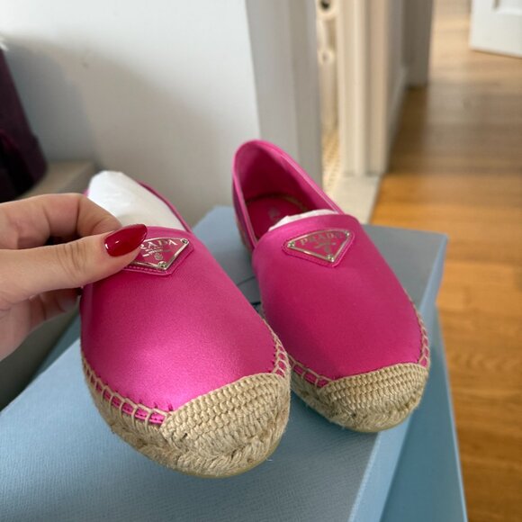 NWT Prada Espadrilles Begonia Pink Satin Braided Jute Sole Sz 35 - Picture 8 of 11
